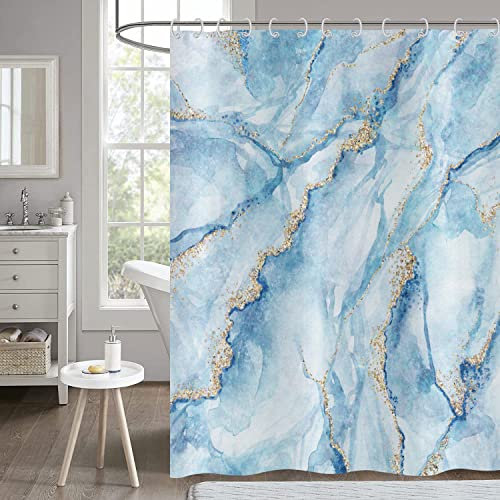 Hnmdmyi Duschvorhang Marmor Blau 180x200, Weißes Aquarell Goldene Rissige Linien Textur Badewanne Vorhang Abstrakt Modern Luxus Kunst Wasserdicht Polyester Stoff Waschbar Badevorhang mit Haken