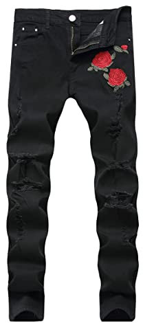 AIYINO Mens Biker Jeans Ripped Regular Straight Leg Stylish Denim Jeans All Waist 40 Black