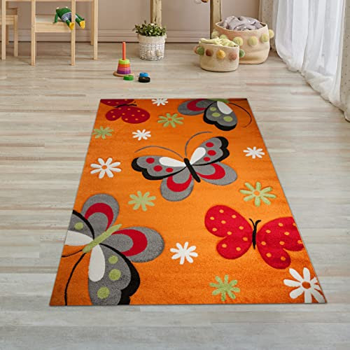 Teppich-Traum Bunter Schmetterlings-Teppich für Kinderzimmer ‒ Allergiker geeignet ‒ orange rot, 80 x150 cm