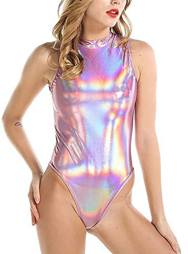 ROSVAJFY Lingerie Justaucorps Métallisé Brillant Femmes,Body Cuir Verni Sans Manches Une Pièce, Combinaison Danse Teddy Coupe Haute à Fermeture Éclair, Leotard Gymnastique Ballet col Roulé Clubwear
