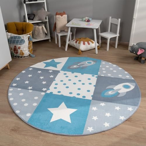 TT Home Kinderzimmerteppich Teppich Junge Mädchen Kinderteppich Baby Herzen Pastell, Farbe:Grau Beige Blau, Größe:120 cm Rund