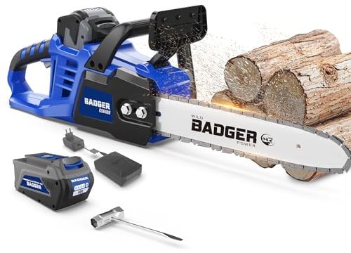 WILD BADGER POWER 40V 16 Inch Cordless Electric Chainsaw, Brushless, 4.0Ah Battery and Charger, Intelligent Cutting Technology, Efficient Cutting, Safe and Reliable, Ideal for