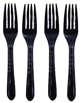 100 x Heavy-Duty Black Plastic Forks | Washable and Reusable Dinner Forks | BPA Free Tableware and Dinnerware | Indoor/Outdoor Parties Picnic BBQ Takeaways