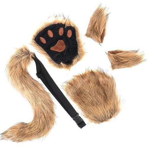Kinsinder 5pcs Fuchsohren und Chwanz Set, Cosplay Kostüm Set Fox Wolf Cosplay Fuchs Kostüm Ohren und Plüsch Klaue Handschuhe Cosplay Fancy Dress Zubehör für Kinder Erwachsene (Braun)