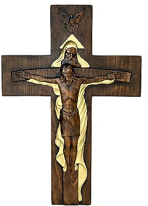 BGCOPPER Heiliges Dreifaltigkeitskruzifix-Wandkreuz, Christus-Kreuz für Wand mit Haken, handgefertigtes Holzkreuz, Wanddekoration für Zuhause, Zimmer, Kirche, Weihnachtsgeschenke (Gold, 30,5 cm)