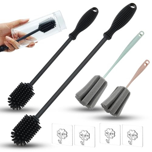 GZqiancang 2 cepillos para botellas de silicona, cepillo para botellas con 2 cepillos de esponja y 4 ganchos para biberones, tazas, copas de vino, cafeteras