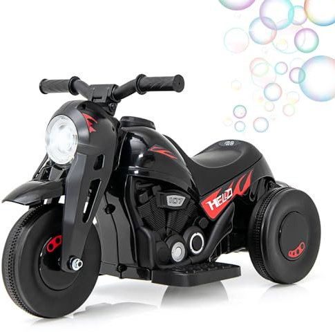 OLAKIDS Kids Motorcycle, 6V Electric Ride On Car with Automatic Bubble Function, Foot Pedal, Headlight, Music, 3 Anti-Skip Wheels Vehicle for Children, Toddler Ages 3+ (Black)