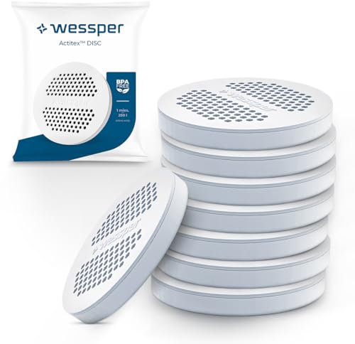Wessper Filtro de Agua MicroDisc Paquete de 8 | Disco Filtrante de Repuesto para Botellas y Garrafas Brita MicroDisc | Carbón Activo no Tejido, Micropartículas, Reducción de Cloro y Metales Pesados