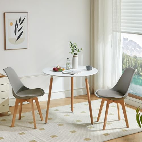 LafeuR Ensemble de salle à manger ronde avec 2 chaises - Ensemble de 2 chaises avec table de cuisine - Ensemble de table pour balcon, cuisine, salon (table blanche + 2 chaises grises)