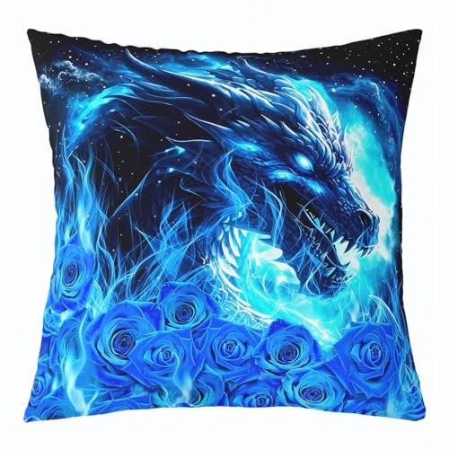 Drachen Kissenbezug für Schlafsofa, Retro Blue Sternenhimmel Exotische Tiere Kissenbezug60x60 für Teens Erwachsene, Romantische Rosen Blumen Bauernhaus Quadratische Kissenbezug Set