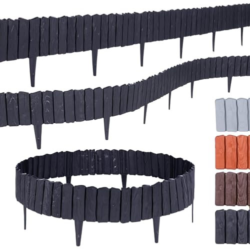 BooGardi Rasenkante Kunststoff Holzoptik 4 Farben 57cm x 12,5cm 5er/10er/20er Set · Anthrazit 5er Set · Flexible Beeteinfassung · Beetumrandung Garten · Mähkante Raseneinfassung