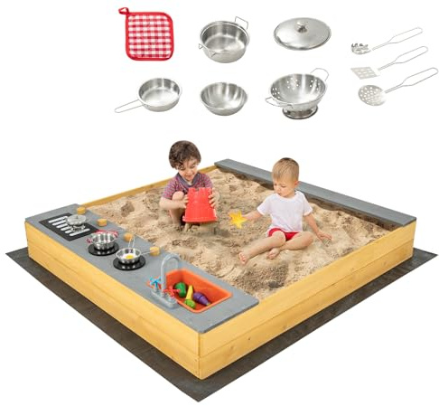 RELAX4LIFE Sabbiera per Bambini, Area Esterna in Legno con Fodera Inferiore, Zona Cucina Creativa, Accessori da Cucina Completi, Seduta a Panca, Sabbiera per Cortile, Spiaggia, Giardino