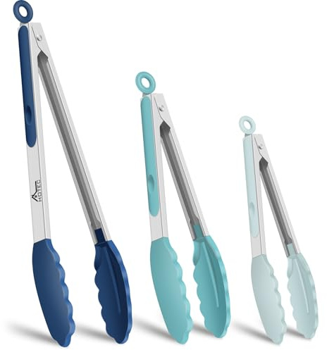HOTEC Premium Stainless Steel Locking Kitchen Tongs with Silicon Tips, Set of 3-7, 9 and 12 (Gradient Blue)