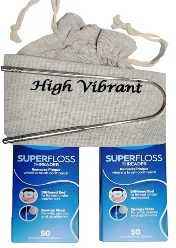 High Vibrant Oral Superfloss 50 vorgeschnittene Strähnen, 2 Stück, Zahnseide, ideal für Zahnspangen, Brücken und weite Räume, insgesamt 100 Strähnen, mit Zungenschaber & Beutel