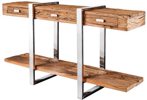 Riess Ambiente Massivholz Konsolentisch Barracuda 140cm braun Teakholz Silber Edelstahl verchromt mit Schubladen Beistelltisch Flurtisch Standregal Regal Ablage
