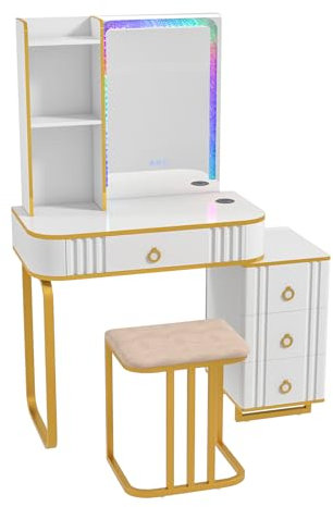 HOMASIS Schminktisch mit LED-Beleuchtung in 7 Farben, Kosmetiktisch mit Spiegel mit Diamanten, Frisiertisch mit 4 Schubladen & 3 Regalen, Hocker gepolstert, 80 x 40 x 137 cm (Weiß+Gold)