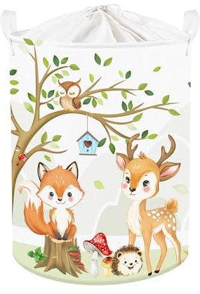 Clastyle Wildtiere Kinder Wäschekorb mit Henkel Baumzweige Kleidung Spielzeug Aufbewahrungskorb Jungen Mädchen Aufbewahrungsbox für Babyzimmer Bad, Fuchs Hirsche, 36*45 cm