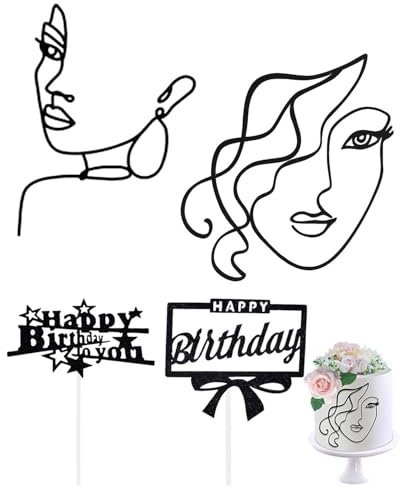 Zeayebsr 2pcs Torten Deko Lady Face Acryl Cake Topper Schwarz Kuchen Dekoration Geburtstag Kuchendeko Tortenaufsatz Set Jubiläum Muttertag Party ,Kommt mit 20 Stück Glückwunschkarten zum Geburtstag