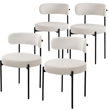 ML-Design Esszimmerstühle 4er Set, Küchenstuhl aus Teddystoff Weiß, Wohnzimmerstuhl mit Rückenlehne, Polsterstühle mit schwarzen Metallbeinen, Loungesessel ergonomisch, Stühle für Esszimmer/Wohnzimmer