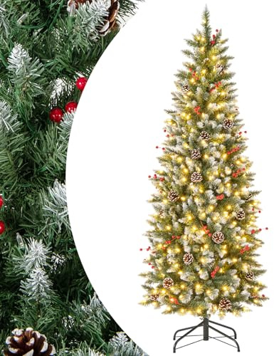 SPOTRAVEL 6FT Pre-Lit Xmas Tree, Hinged Christmas Tree (180 cm) | with 618 Snowy Branch Tips, 280 LED Lights & Metal Stand, Snowy Holiday Party Decoration Pencil Tree