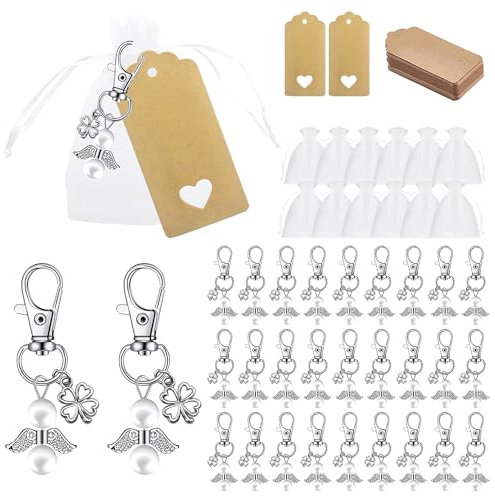 Tyanlenr 30 Stück Schutzengel Schlüsselanhänger mit Kraftpapier Anhänger und Organza Beutel, Schutzengel Anhänger Taufe, Schlüsselanhänger Engel Set für Kommunion, Weihnachten, Hochzeit