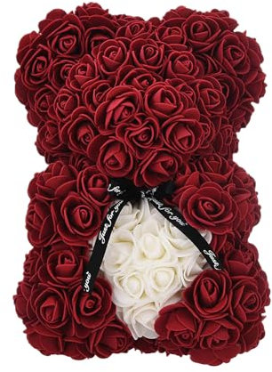 Yoisdtxc Rosenbär mit transparenter Box, Geschenke für Mama, handgefertigte Blume mit Schleifen-Boxen zum Valentinstag (Weinrot, Einheitsgröße)