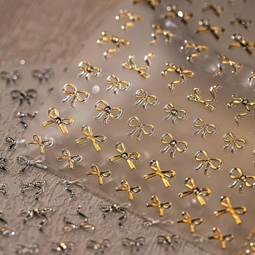 Bow Tie Nail Stickers,2 Sheets Rhinestone Bow Nail Art Stickers Self-Adhesive,Nail Supplies Gold Silver Nail Stickers & Decals for Nail Art Design Decorations