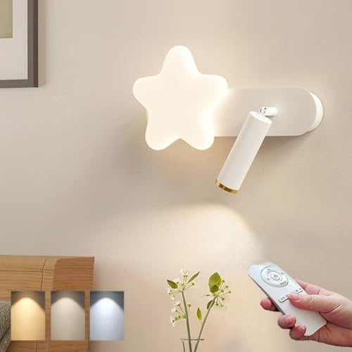 Wandleuchte LED Dimmbar Wandlampe Kinder mit Fernbedienung Stern Wandstrahler Drehbare 350° Nachtlicht Weiß Leselampe Modern Wandbeleuchtung für Junge Mädchen Kinderzimmer Schlafzimmer Wohnzimmer