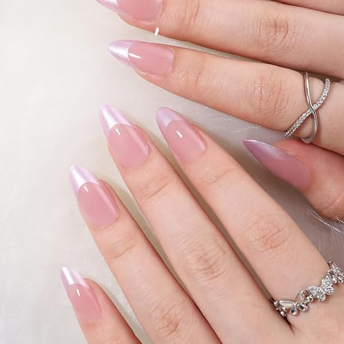 30pcs False Nails French Tip - Press on Nails Almond - Nude Purple French Fake nails with Glue - Stick on Nails Medium Length - 15 Size Full Cover Nail Tips for Summer DIY Nail Art
