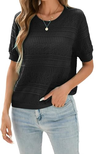 Famulily Ladies Short Sleeve Tops Round Neck Crochet Blouse for Women Knit Solid Color Casual Jumpers Black M
