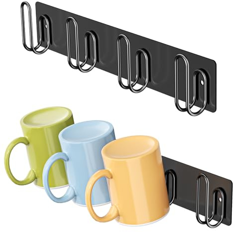 LOXSUN Mug Holder Wall Mounted, Coffee Cup Holder with 4 Mug Hooks, Metal Cup Hanger Mugs Display Rack, Mugs Storage Organizer for Kitchen Dining Room Coffee Bar, Black