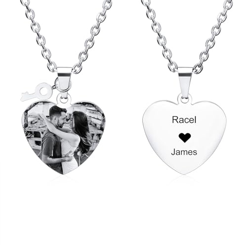 MunkiMix Personalisiert Bild-Halskette für Damen Herren Individuelles Gravur Foto/Namen/Datum Edelstahl Herz/Kreis Anhänger mit Schloss/Schlüssel Charme Erinnerungs Geschenk für Paare Freunde