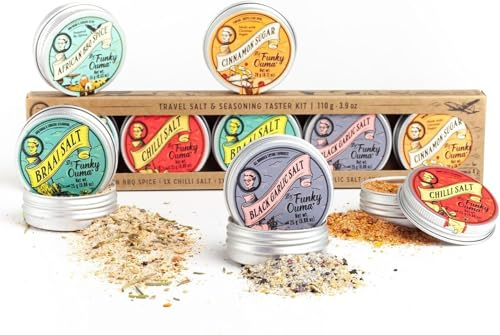 Funky Ouma Set regalo multiuso spezie BBQ Rub – 5 mini barattoli gourmet da 150 g, idea regalo per uomini, spezie naturali sudafricane, sale himalaya braai