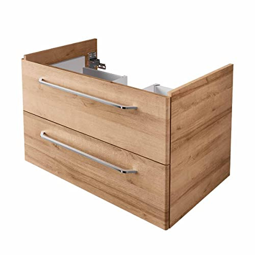 BadeDu NES Waschbeckenunterschrank in braun – 80 cm Breite, AST Eiche Holzoptik, 2 Softclose Schubladen, Modern Mediterraner Stil – Made in Germany