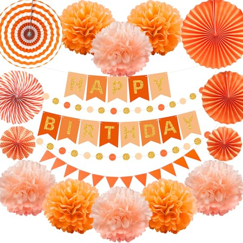 Orange Party Decoration, Birthday Decorations Orange, Paper Fans, Bunting, Pom Poms, Banner, for Birthday Party, Graduations Wedding, Happy New Years Déco 18 Pcs