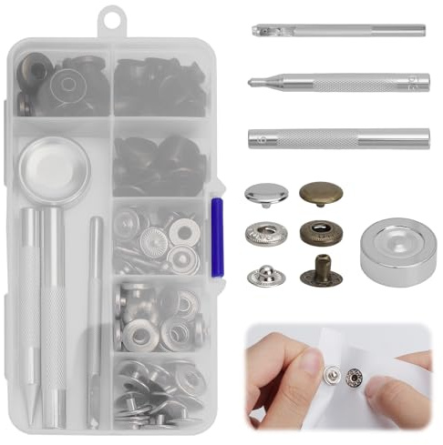 WOKICOR Bottoni a Pressione Metallo 12mm, 30 Snap Fastener Kit con Strumenti di Fissaggio, Bottoni Automatici in Metallo di Bottoni per Lavori in Pelle Fai da Te, Giacche, Jeans, Borse e Portafogli