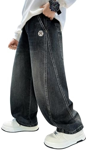 Rolanko Boys Baggy Jeans Elasticated Waist Cargo Bootleg Skater Jeans with Multipockets Vintage Streetwear Denim Pants for Kids