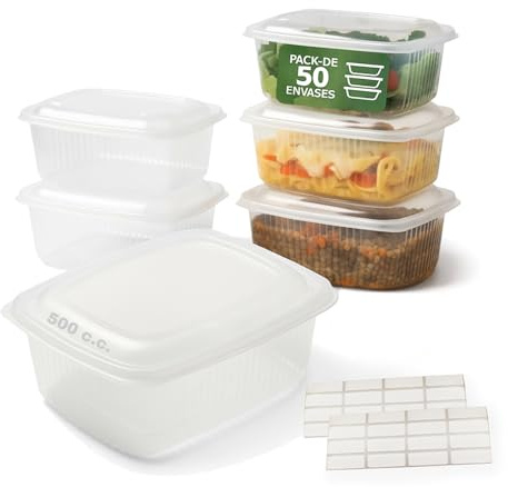 Daymand Store® | PACK 50 Tapers para Comida Hermético con Etiquetas Adhesivas de REGALO | Envases de Plastico Reutilizable De PP Apto Para Microondas y Lavavajillas | Capacidad 500 cc.