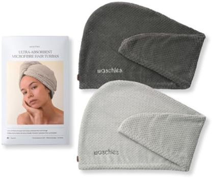 waschies Mikrofaser Haarhandtuch/Haarturban 2er Set Dark Grey/Dove Grey | Für alle Haartypen, mit praktischem Fixierknopf für schnelle Haartrocknung, sanft, leicht & saugfähig