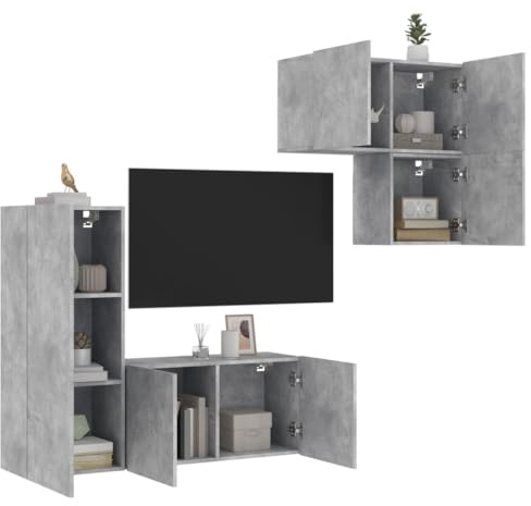 QUAHEAS 4-TLG. Wohnwand Betongrau Holzwerkstoff TV Lowboard Sideboard mit Stauraum, Wandmontage, Schublade, Ablage, Kabelkanal, Kommode für Wohnzimmer, Schlafzimmer, Gaming Ecke
