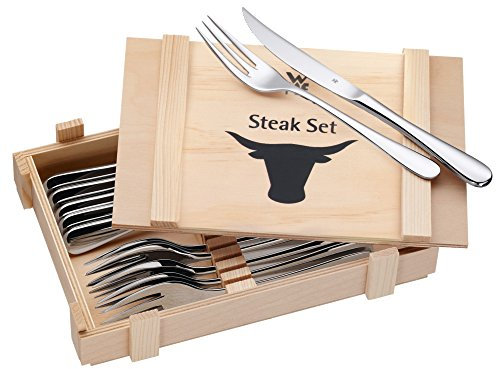WMF Steakbesteck 12-teilig, mit Namengravur, Steakgabel Steakmesser für 6 Personen, Cromargan Edelstahl poliert, in Holzkiste, Gravurgeschenk für Geburtstag