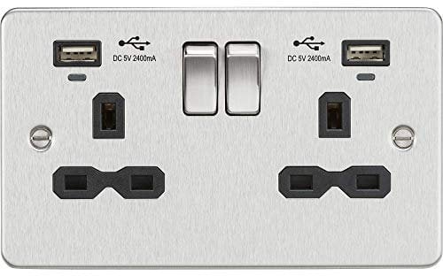 13A 2G Switched Socket, Dual USB Charger (2.4A) with Indicators - Brushed Chrome with Black Insert