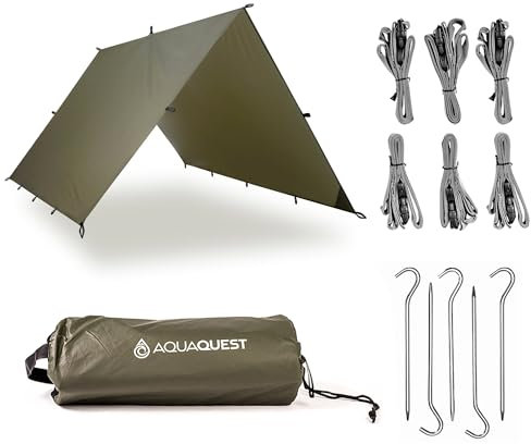 AquaQuest Guide wasserdichte Campingplane - Ultraleichter Biwak-Unterschlupf oder Regenschutz - Wandern, Hängematte & Überleben, 3 x 2 m Olivgrün Kit
