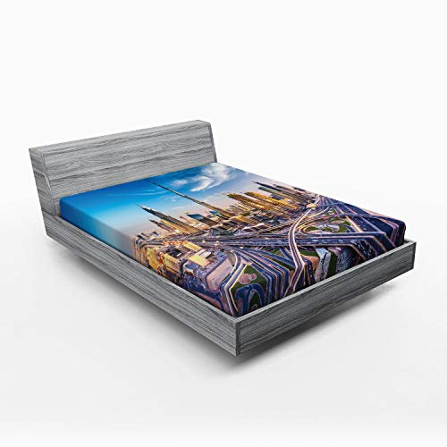 ABAKUHAUS Stadt Spannbetttuch, Panorama-Dubai Verkehr, Soft Dekorativer Stoff Bettwäsche Rund-um Elastischer Gummizug, 140 x 200 cm, Blau Elfenbein Marigold