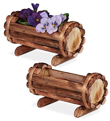 Relaxdays Pflanzengefäß, geflammtes Holz, 2 Stück, Gartendeko, halbes Blumenfass, Vintage Design, HBT: 11x20x9 cm, Natur