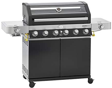 RÖSLE Unité de barbecue à gaz VIDERO G6-S, 30 mbar, gril avec 6 brûleurs en acier inoxydable, Prime Zone et brûleur latéral, tablettes latérales rabattables, VARIO+, Noir