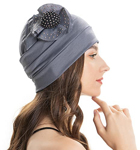 ZLYC Damen Summer Beanie Mütze Elastischer Chemo Hut mit Blumen(Festes Grau)
