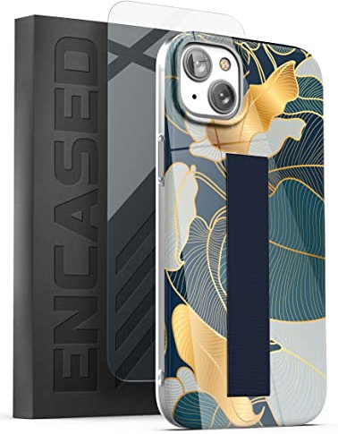 Encased Hand Loop Case for iPhone 14 PLUS with Strap and Tempered Screen Protector (Blue Gold Leaf)