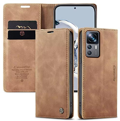 CaseMe Hülle für Xiaomi 12T/Xiaomi 12T Pro Vintage Dünne Handyhülle mit Kartenfach Geld Slot Ständer PU Ledertasche Flip Schutzhülle für Xiaomi 12T/Xiaomi 12T Pro- Braun