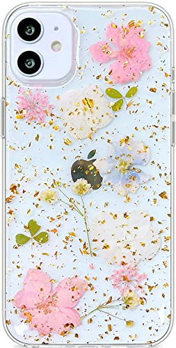 Abbery Designed for iPhone 11 Case Pressed Flower Cute Bling Glitter Sparkle Clear with Design Soft Silicone TPU Rubber Dried Real Flowers Floral Aesthetic Women Girls Phone Case (Sparkle Flower)